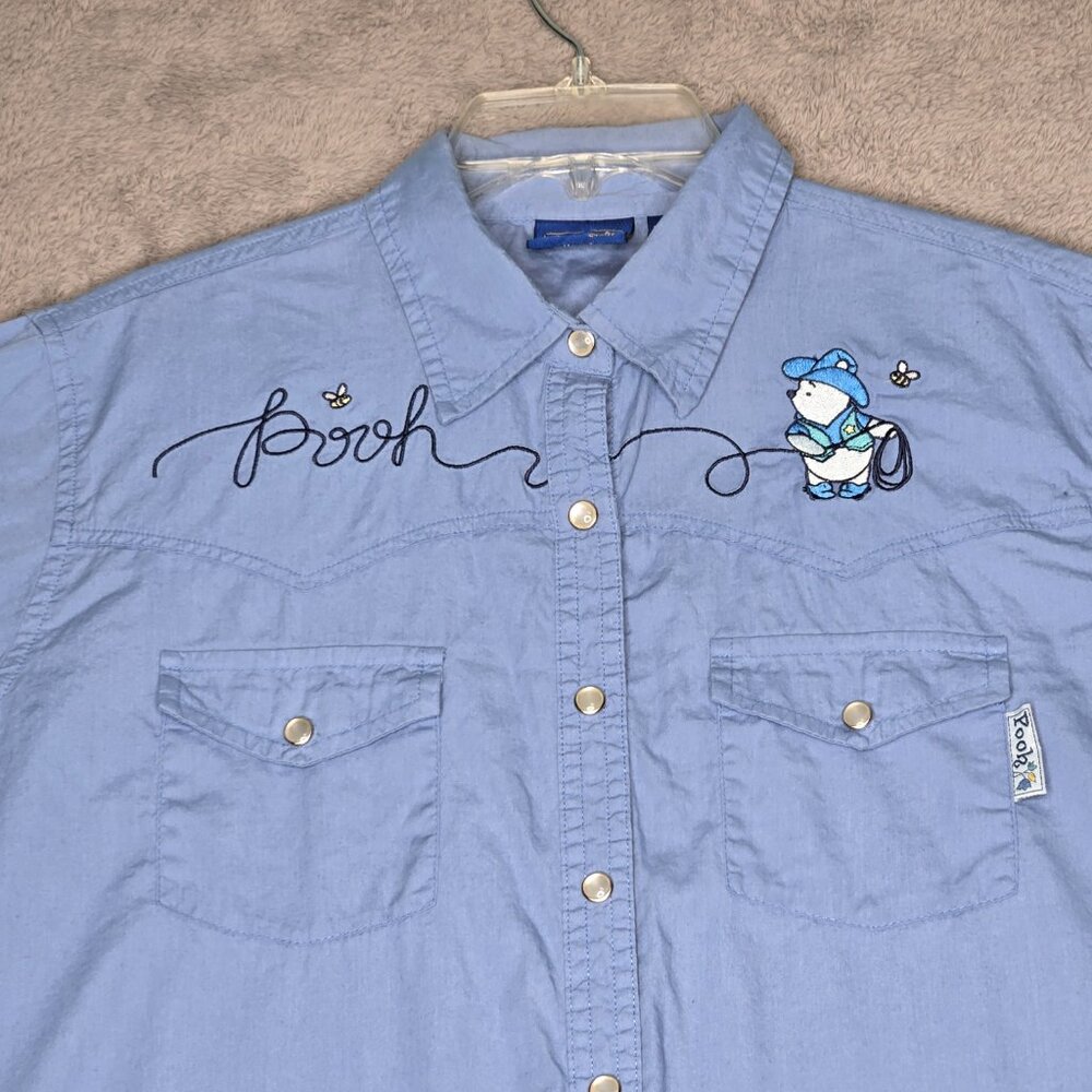 Disney Winnie the Pooh Blouse Women's Lrg Blue Embroidered Snap Pockets Collared